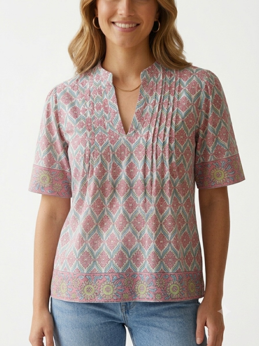 Victoria Dunn Block Print Pink Blue Patterned Short-Sleeve V-Neck Top Sz XS